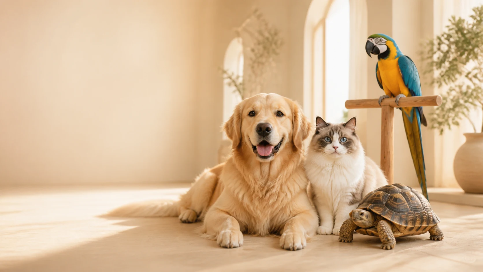 狗狗、猫咪、鹦鹉和陆龟组成的宠物伙伴